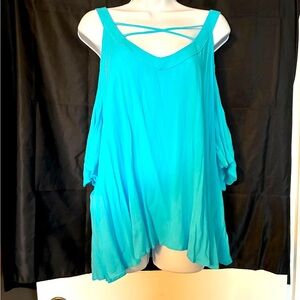 Venus Womans Aqua Cold Shoulder Tank Top Size 2X Plus Crepe V Neck Flutter Sleev